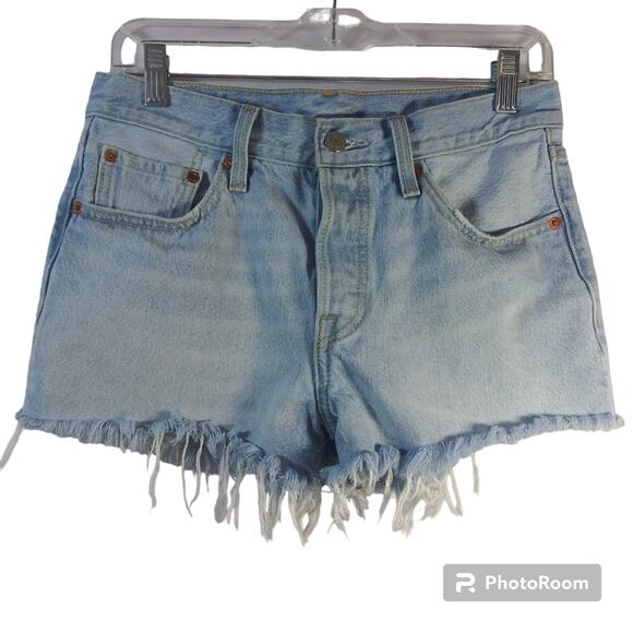 Levi’s 501 Button Fly Cutoff Raw Hem Jean Shorts High Rise S58022 Size 27 - Picture 1 of 9